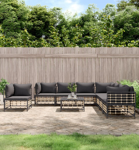 9-tlg. Garten-Lounge-Set mit Kissen Anthrazit Poly Rattan