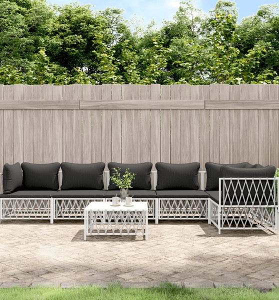 7-tlg. Garten-Lounge-Set mit Kissen Weiß Stahl