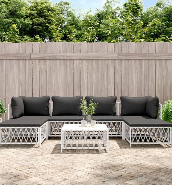 7-tlg. Garten-Lounge-Set mit Kissen Weiß Stahl