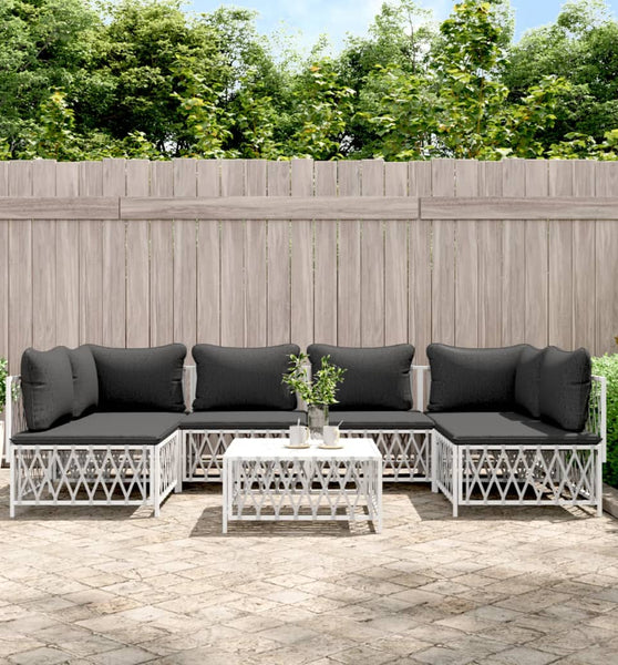 7-tlg. Garten-Lounge-Set mit Kissen Weiß Stahl