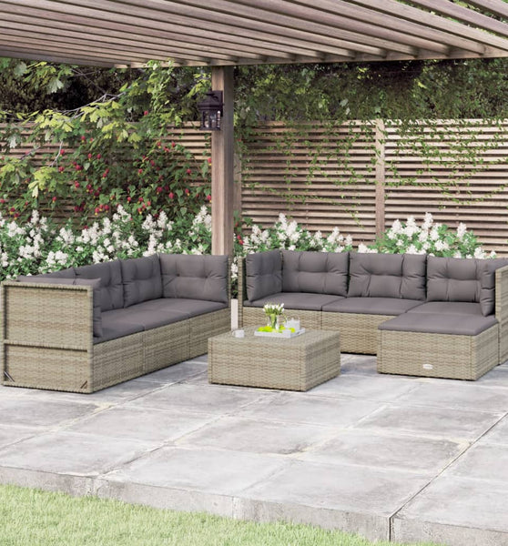 7-tlg. Garten-Lounge-Set mit Kissen Grau Poly Rattan