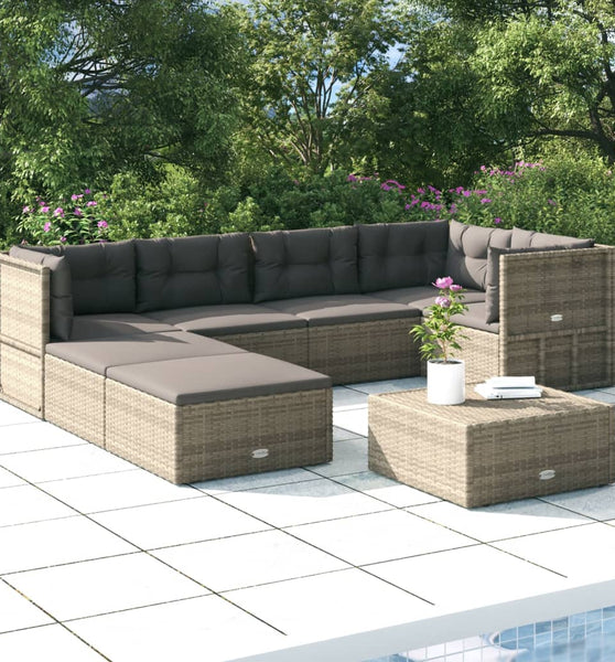 7-tlg. Garten-Lounge-Set mit Kissen Grau Poly Rattan