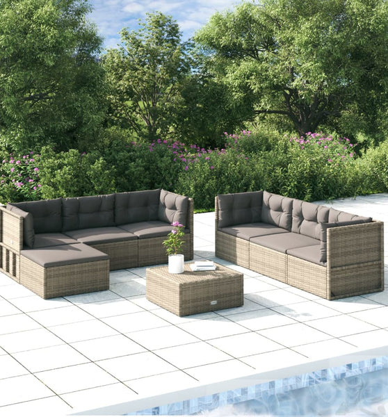 7-tlg. Garten-Lounge-Set mit Kissen Grau Poly Rattan