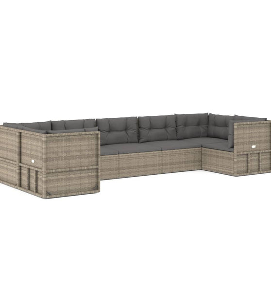 7-tlg. Garten-Lounge-Set mit Kissen Grau Poly Rattan