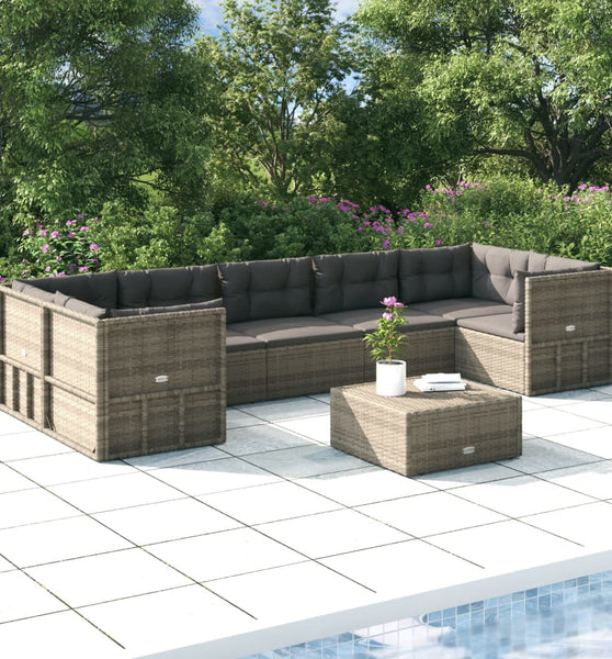 7-tlg. Garten-Lounge-Set mit Kissen Grau Poly Rattan