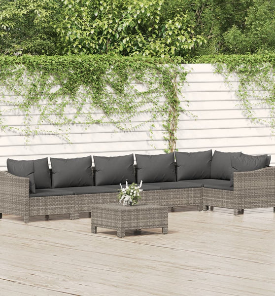 7-tlg. Garten-Lounge-Set mit Kissen Grau Poly Rattan