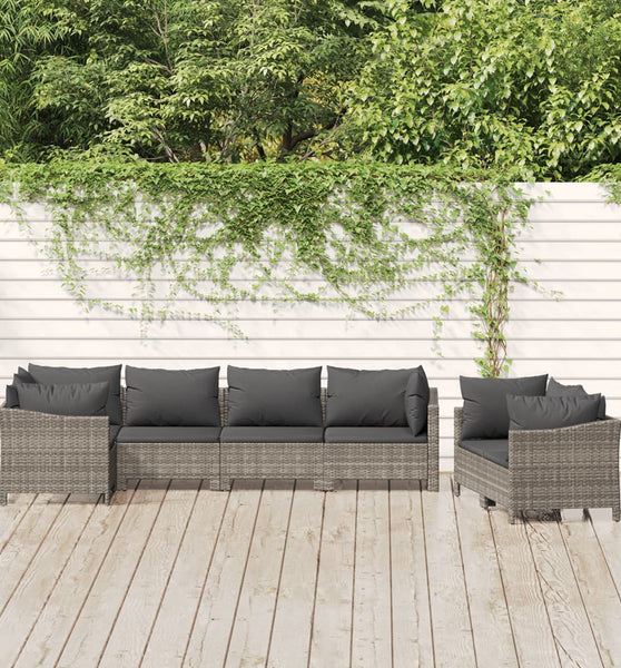 7-tlg. Garten-Lounge-Set mit Kissen Grau Poly Rattan
