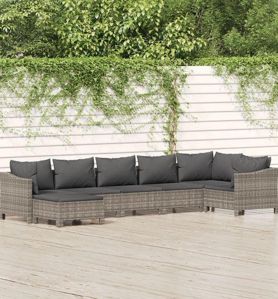 7-tlg. Garten-Lounge-Set mit Kissen Grau Poly Rattan