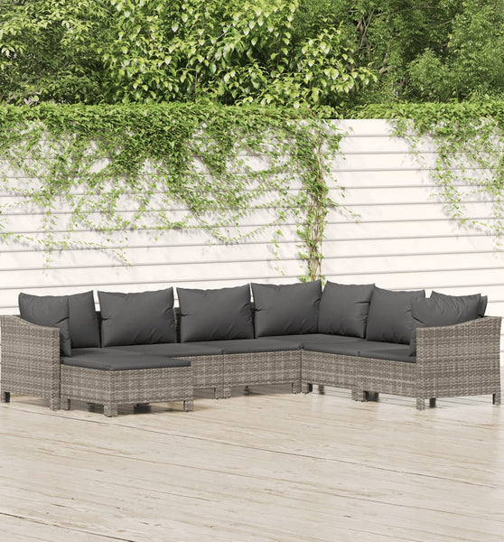 7-tlg. Garten-Lounge-Set mit Kissen Grau Poly Rattan