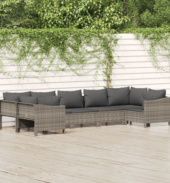 7-tlg. Garten-Lounge-Set mit Kissen Grau Poly Rattan