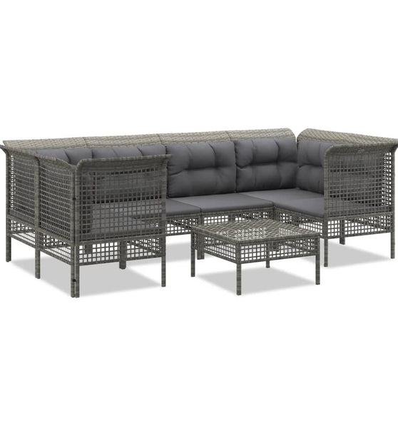 7-tlg. Garten-Lounge-Set mit Kissen Grau Poly Rattan