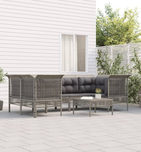 7-tlg. Garten-Lounge-Set mit Kissen Grau Poly Rattan