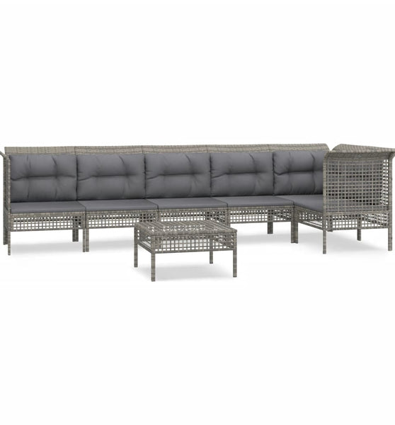 7-tlg. Garten-Lounge-Set mit Kissen Grau Poly Rattan
