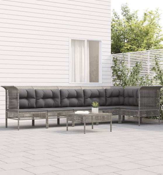 7-tlg. Garten-Lounge-Set mit Kissen Grau Poly Rattan