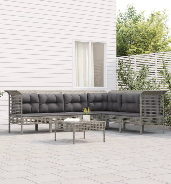 7-tlg. Garten-Lounge-Set mit Kissen Grau Poly Rattan