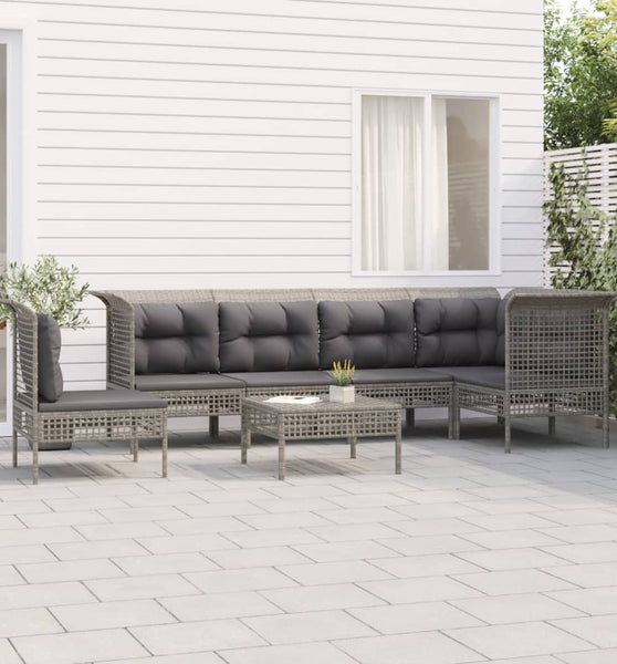7-tlg. Garten-Lounge-Set mit Kissen Grau Poly Rattan