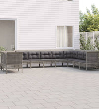 10-tlg. Garten-Lounge-Set mit Kissen Grau Poly Rattan