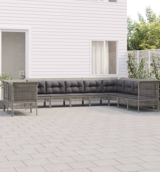 10-tlg. Garten-Lounge-Set mit Kissen Grau Poly Rattan