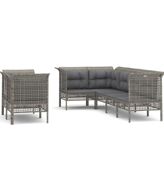 7-tlg. Garten-Lounge-Set mit Kissen Grau Poly Rattan