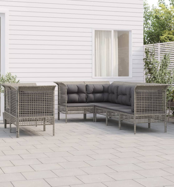 7-tlg. Garten-Lounge-Set mit Kissen Grau Poly Rattan
