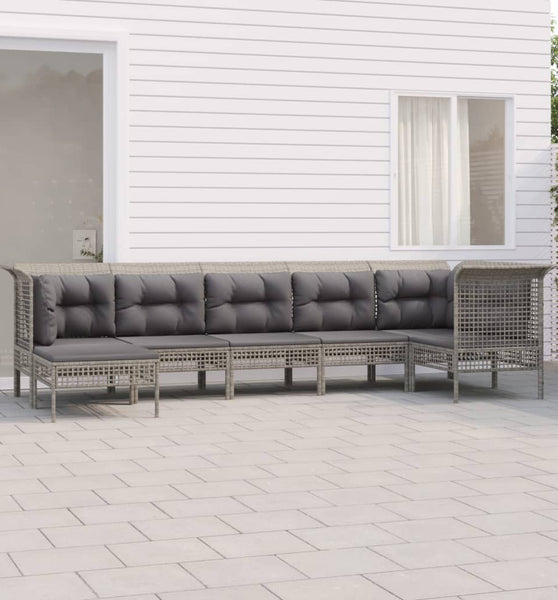 7-tlg. Garten-Lounge-Set mit Kissen Grau Poly Rattan