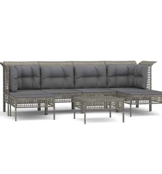 7-tlg. Garten-Lounge-Set mit Kissen Grau Poly Rattan