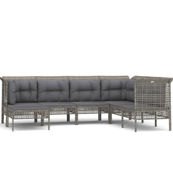 7-tlg. Garten-Lounge-Set mit Kissen Grau Poly Rattan