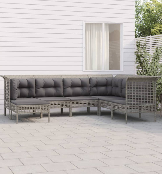 7-tlg. Garten-Lounge-Set mit Kissen Grau Poly Rattan