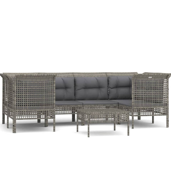 7-tlg. Garten-Lounge-Set mit Kissen Grau Poly Rattan