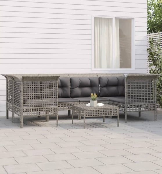 7-tlg. Garten-Lounge-Set mit Kissen Grau Poly Rattan