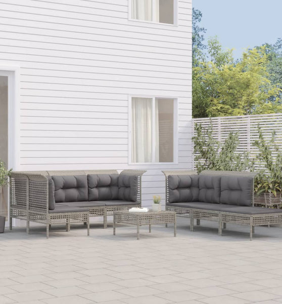 10-tlg. Garten-Lounge-Set mit Kissen Grau Poly Rattan