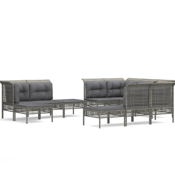 11-tlg. Garten-Lounge-Set mit Kissen Grau Poly Rattan