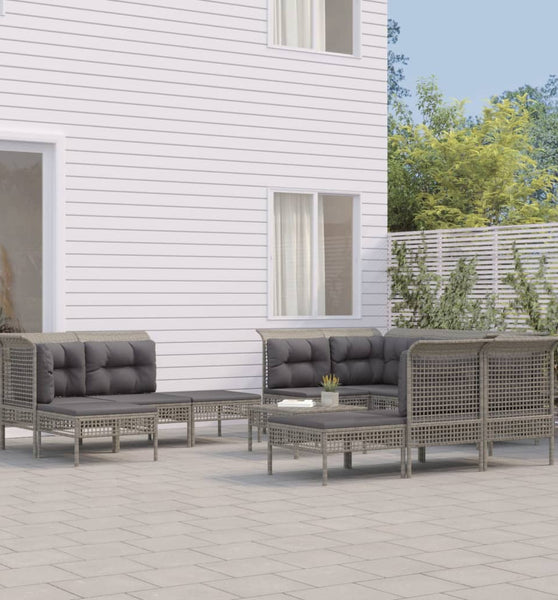11-tlg. Garten-Lounge-Set mit Kissen Grau Poly Rattan
