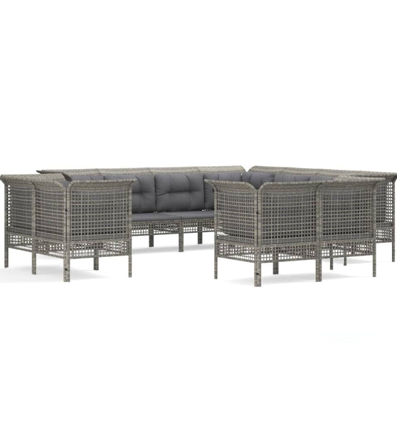 11-tlg. Garten-Lounge-Set mit Kissen Grau Poly Rattan