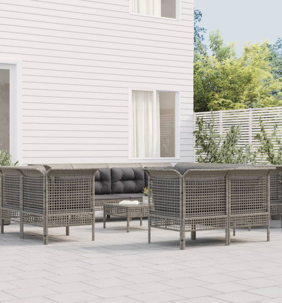 11-tlg. Garten-Lounge-Set mit Kissen Grau Poly Rattan