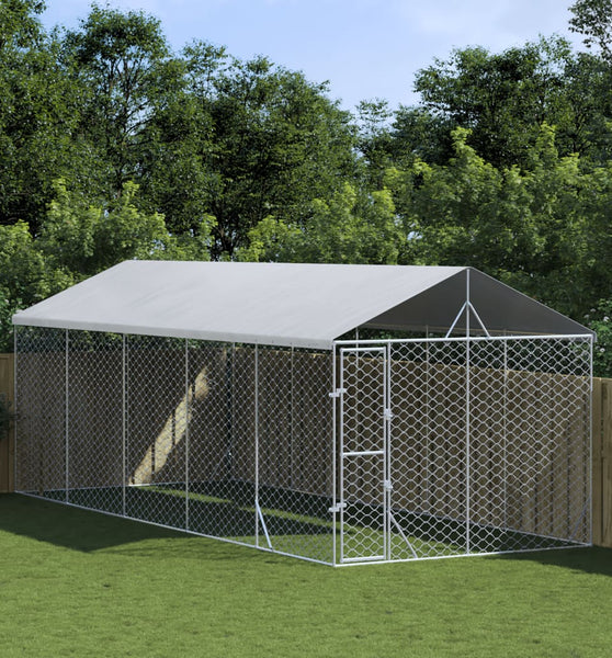 Outdoor-Hundezwinger mit Dach Silbern 3x7,5x2,5m Stahl Verzinkt