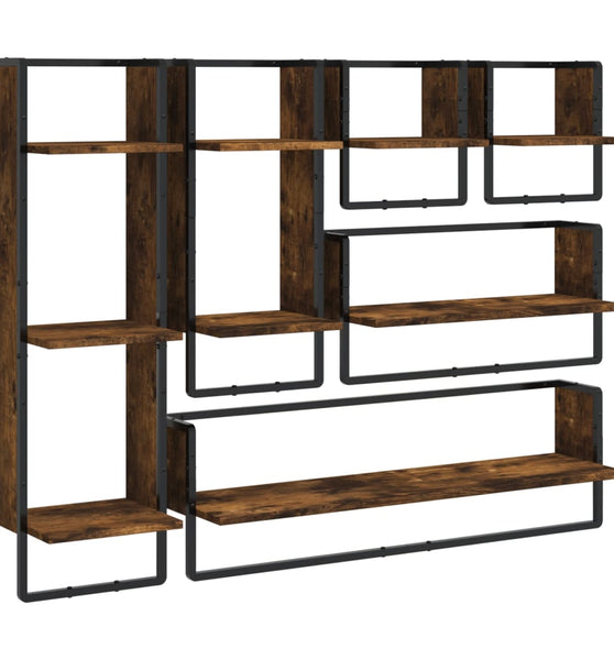 6-tlg. Wandregal-Set mit Stangen Räuchereiche Holzwerkstoff
