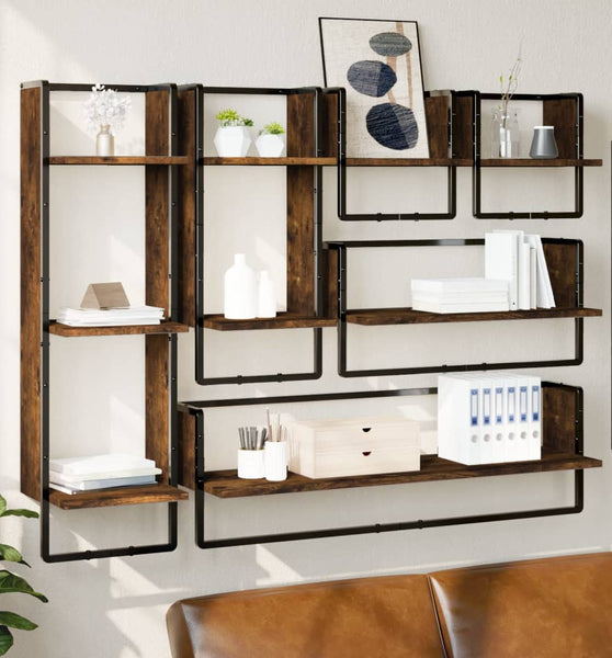 6-tlg. Wandregal-Set mit Stangen Räuchereiche Holzwerkstoff