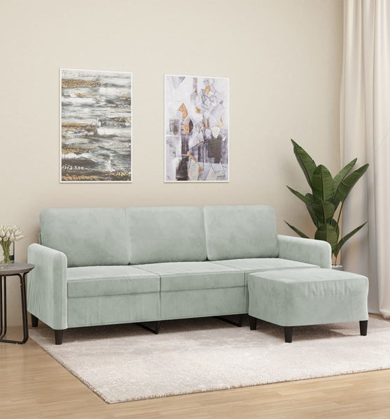 3-Sitzer-Sofa mit Hocker Hellgrau 180 cm Samt