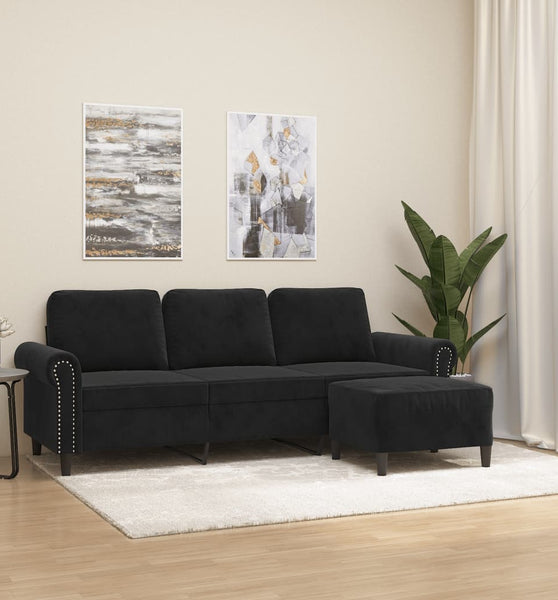 3-Sitzer-Sofa mit Hocker Schwarz 180 cm Samt