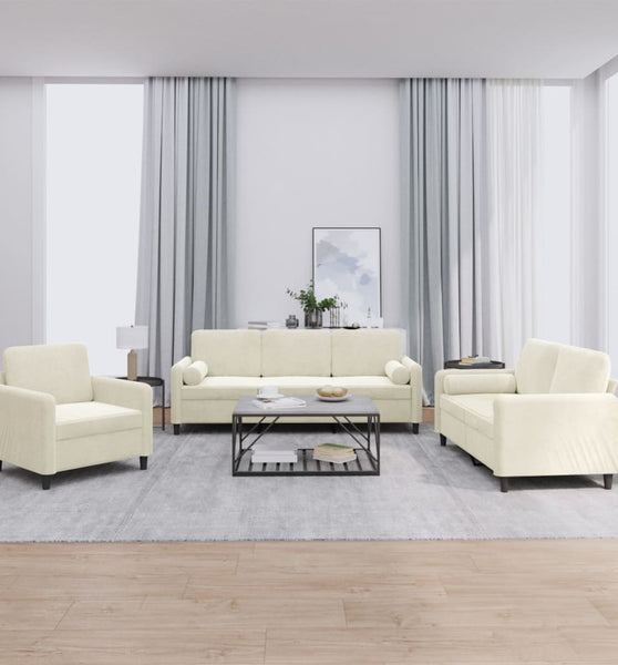 3-tlg. Sofagarnitur mit Kissen Creme Samt