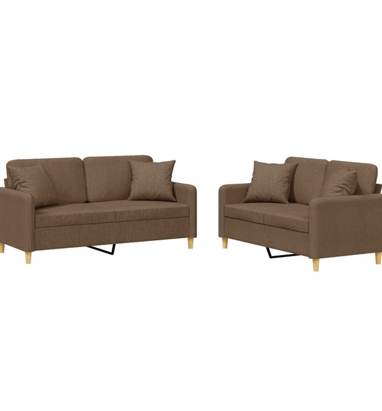 2-tlg. Sofagarnitur mit Kissen Braun Stoff