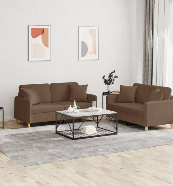 2-tlg. Sofagarnitur mit Kissen Braun Stoff