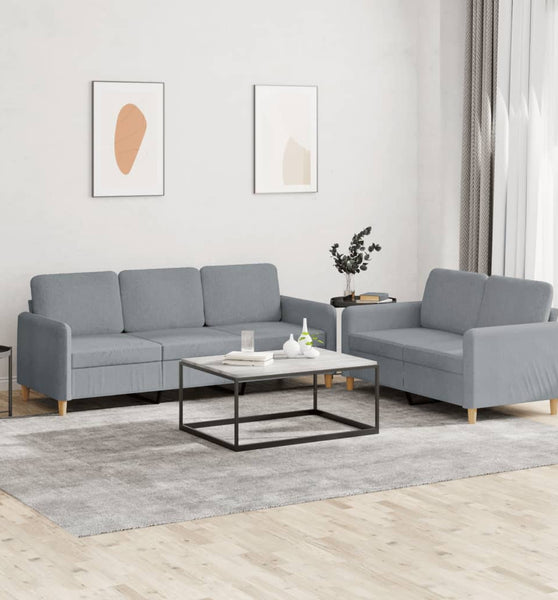 2-tlg. Sofagarnitur mit Kissen Hellgrau Stoff