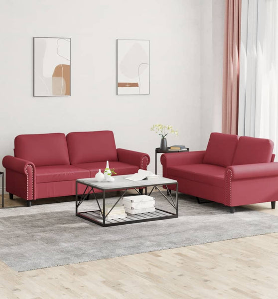 2-tlg. Sofagarnitur mit Kissen Weinrot Kunstleder