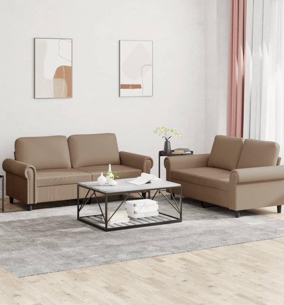 2-tlg. Sofagarnitur mit Kissen Cappuccino-Braun Kunstleder