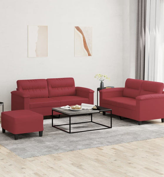 3-tlg. Sofagarnitur mit Kissen Weinrot Kunstleder