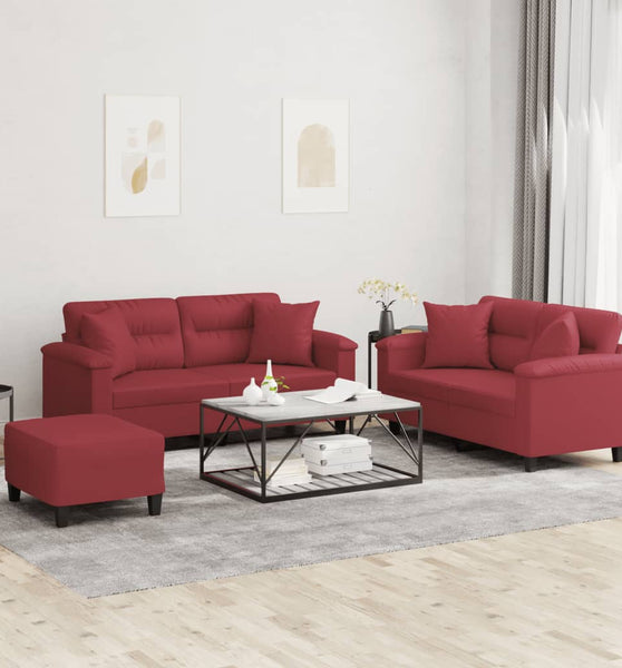 3-tlg. Sofagarnitur mit Kissen Weinrot Kunstleder