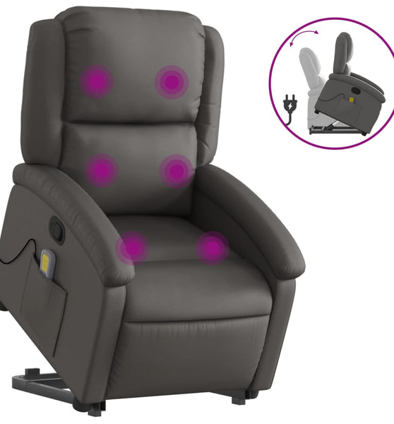Massagesessel mit Aufstehhilfe Grau Echtleder