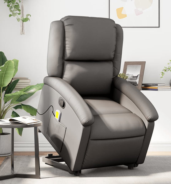 Massagesessel mit Aufstehhilfe Grau Echtleder